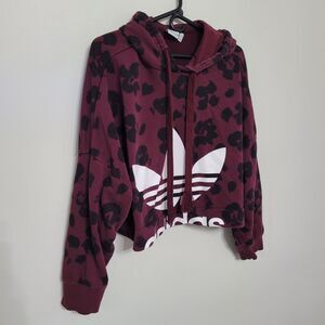 Adidas Originals Women’s Large Burgundy Black Leopard Print Cropped Hoodie EUC
